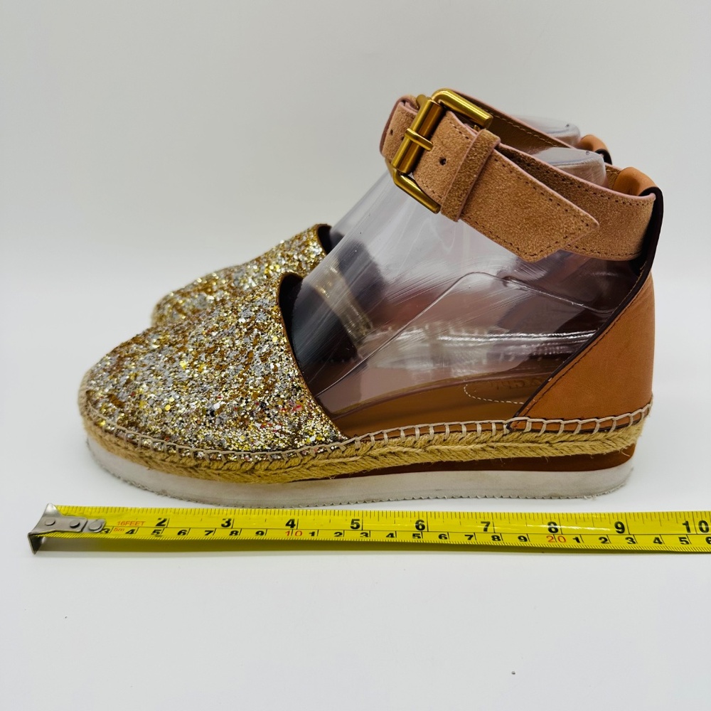 See by Chloe Glyn Gold Glitter Espadrille Wedge Sandal Size EU 37 - Picture 15 of 16